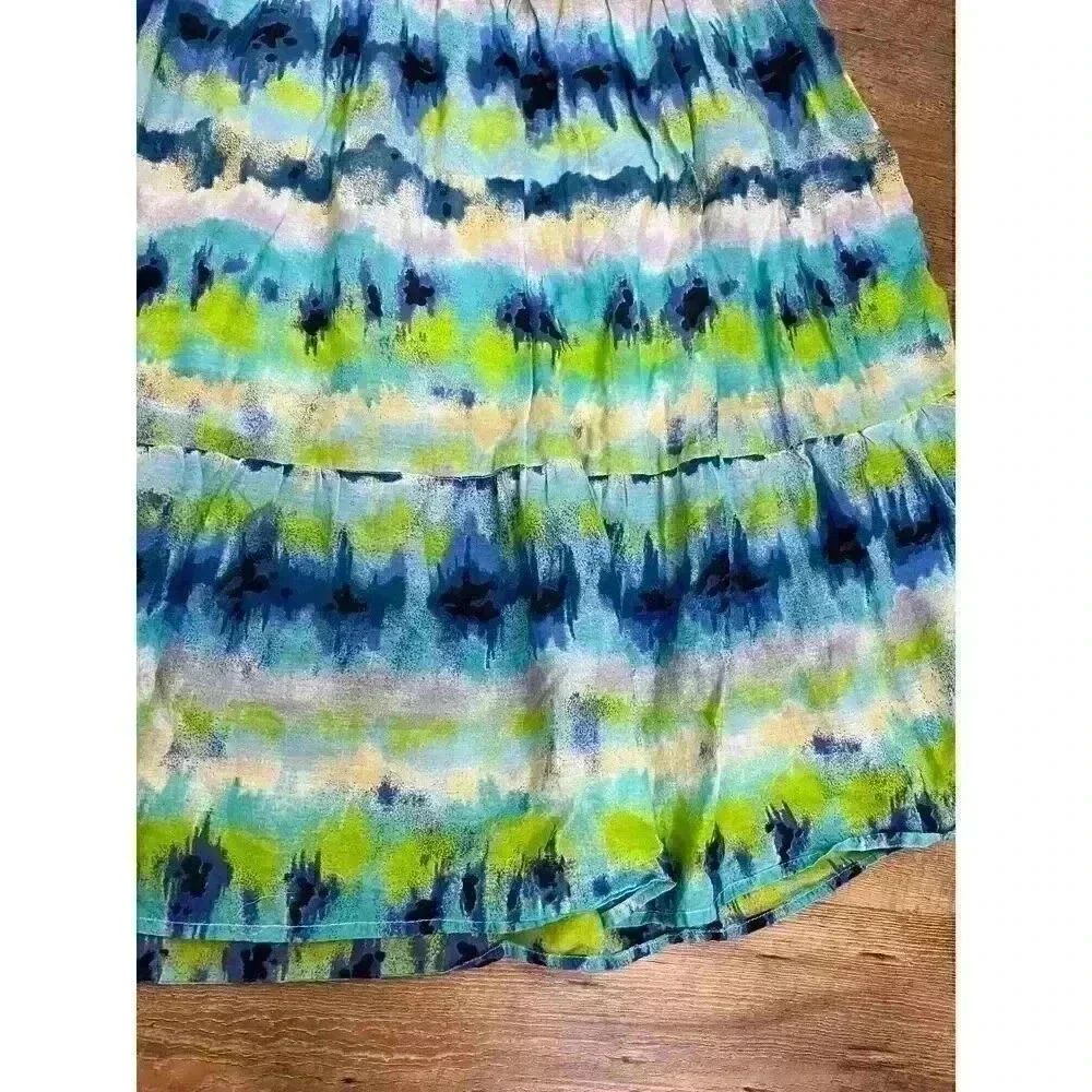 Jane Ashley Tiered Maxi Pull On Skirt Multi-Color Blue Green Women's PM Boho